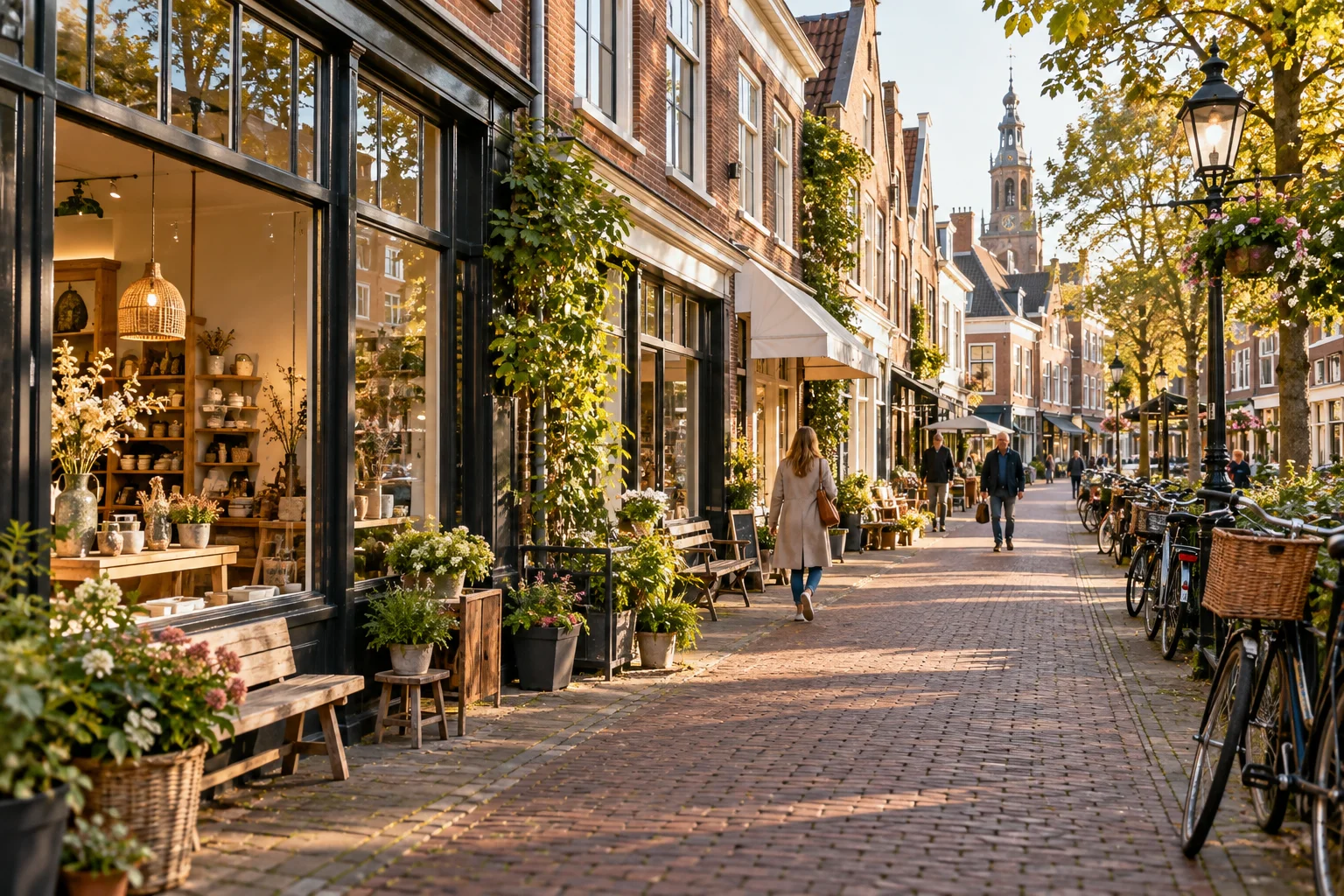 Sfeerbeeld van een Nederlandse winkelstraat met zelfstandige winkels en fietsers